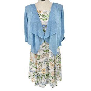 Perceptions Dress with Cardigan Set Womens L White Lace Florals Blue Sheer Shrug